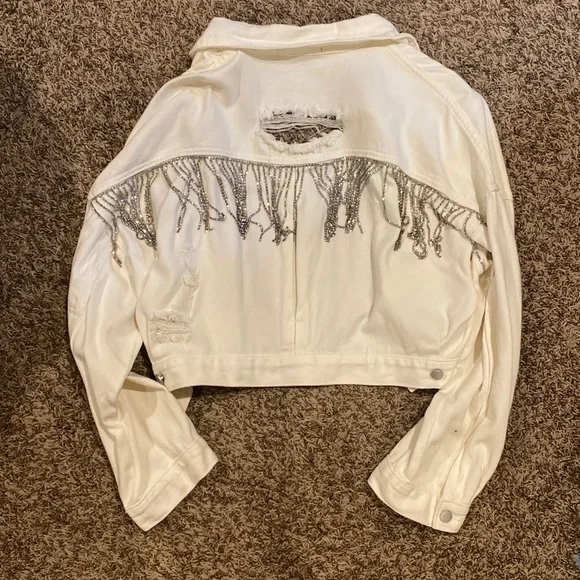White rhinestone fringe jean jacket - Picture 1 of 3